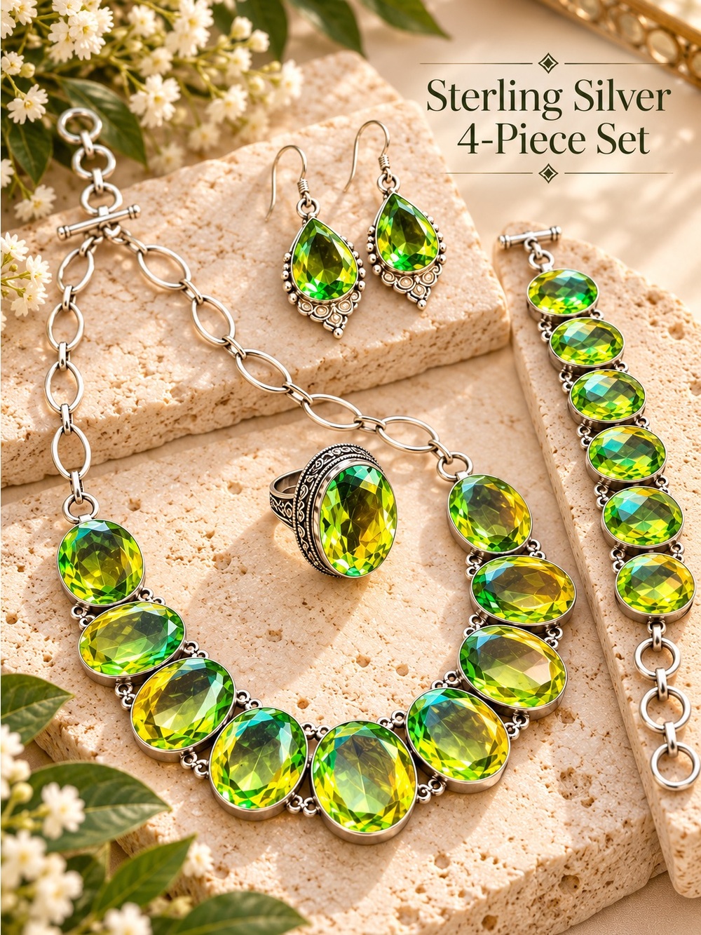 Sterling Silver Green Crystal Jewelry Set - Bracelet, Necklace, Earrings, Ring